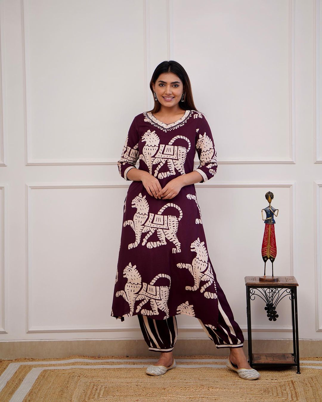 maroon Rayon Printed Kurti Set