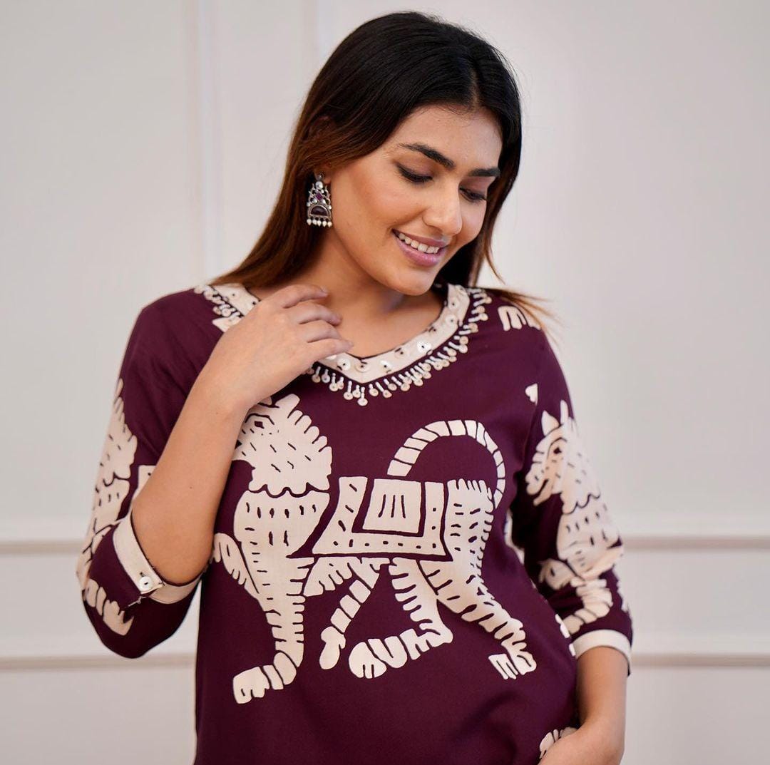 maroon Rayon Printed Kurti Set