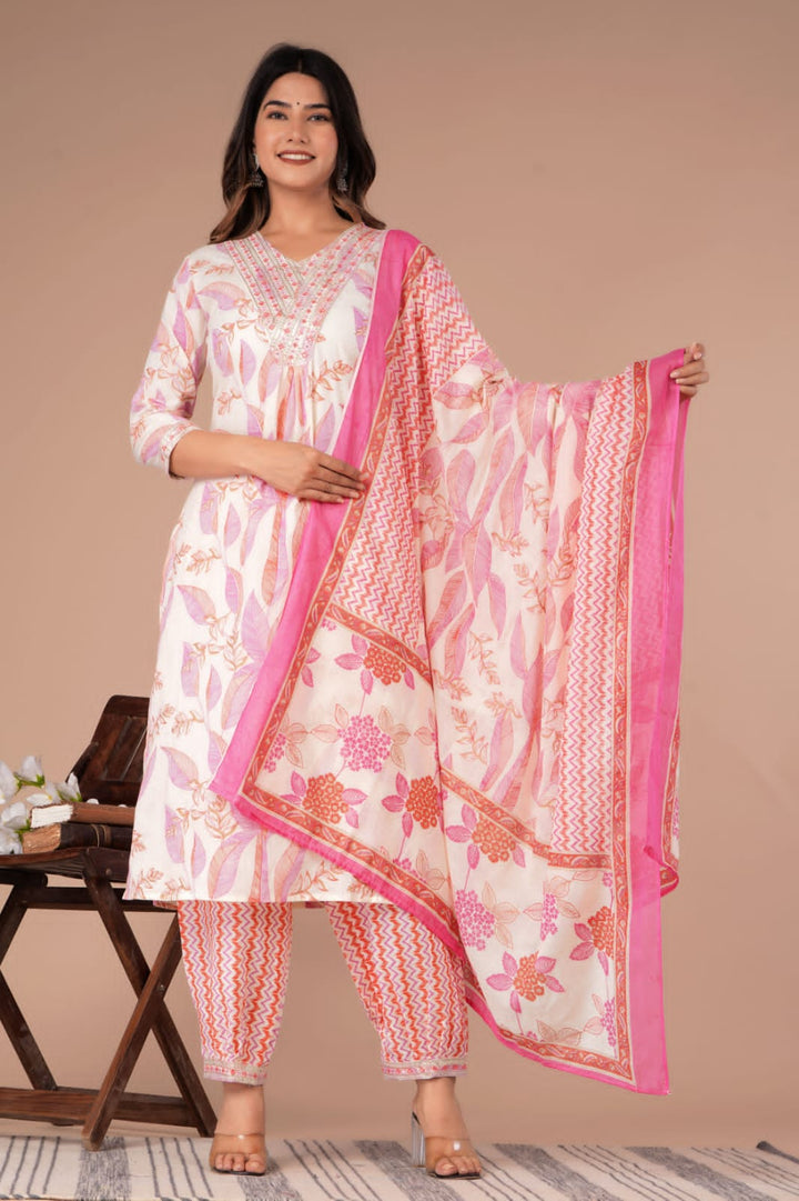 White-Pink Floral Afghani Suit Set