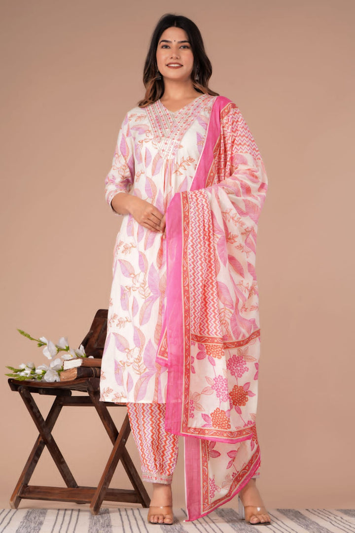 White-Pink Floral Afghani Suit Set