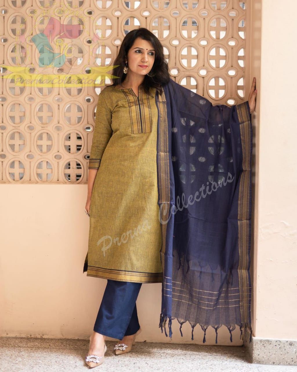 South Indian Pure Cotton Golden Kurti Set