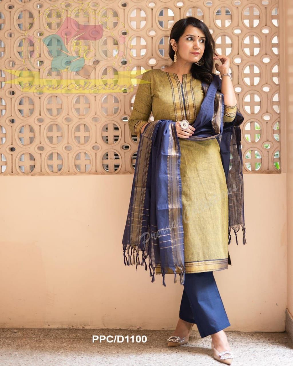 South Indian Pure Cotton Golden Kurti Set