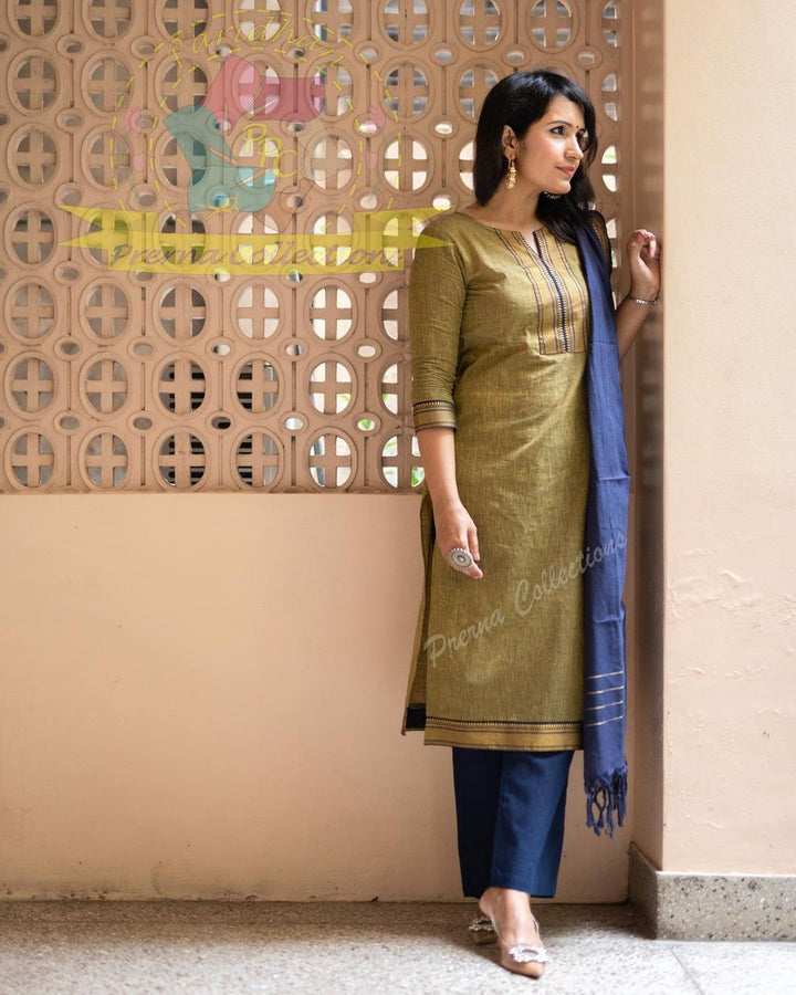 South Indian Pure Cotton Golden Kurti Set