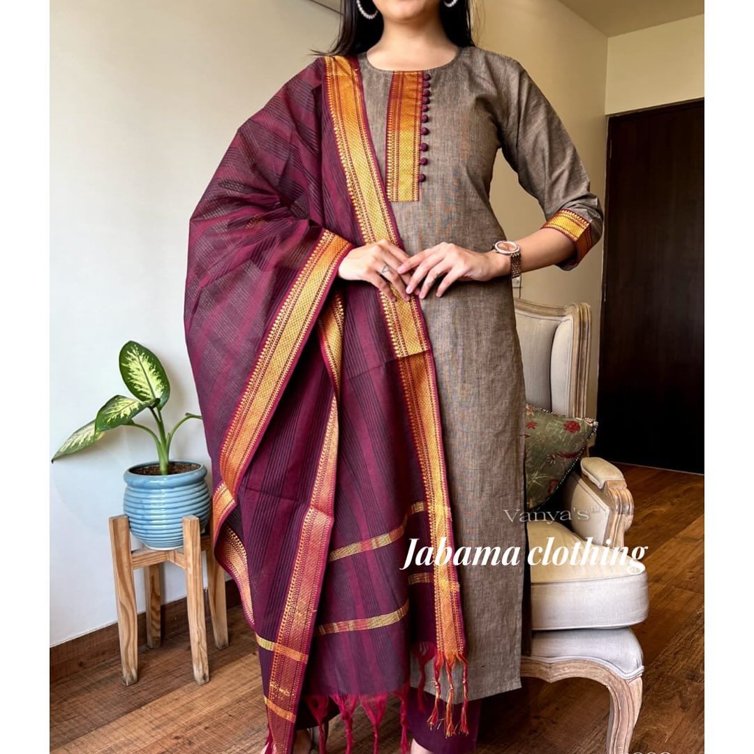 South Indian Pure Cotton Beauitful Brown Kurti Set