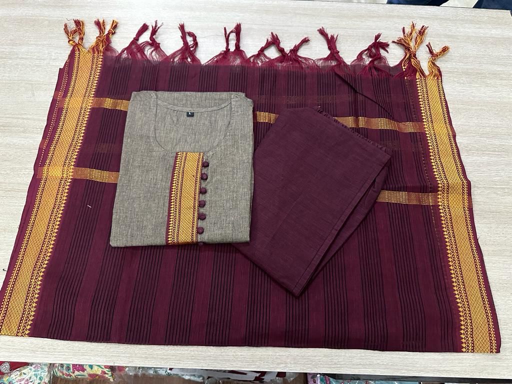 South Indian Pure Cotton Beauitful Brown Kurti Set