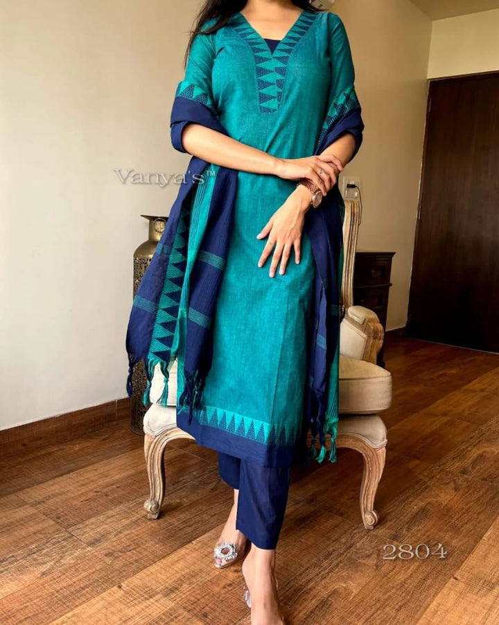 South Indian Pure Cotton Rama And Blue Kurti Set