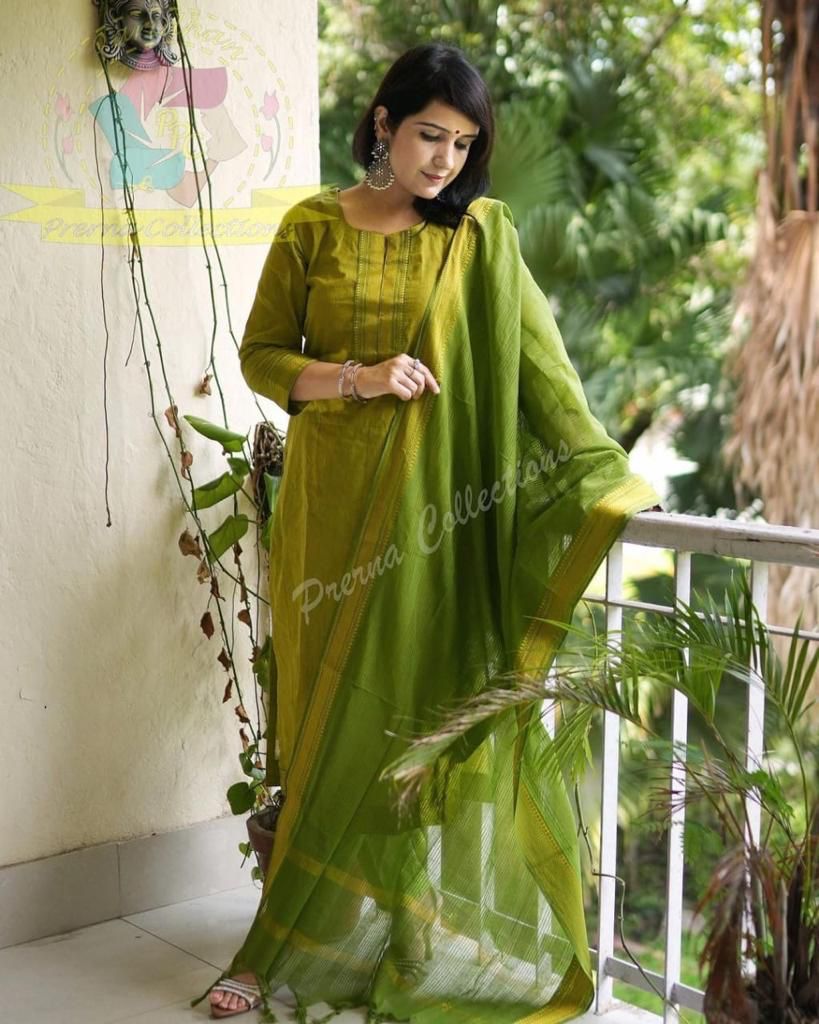 South Indian Pure Cotton Golden green Kurti Set