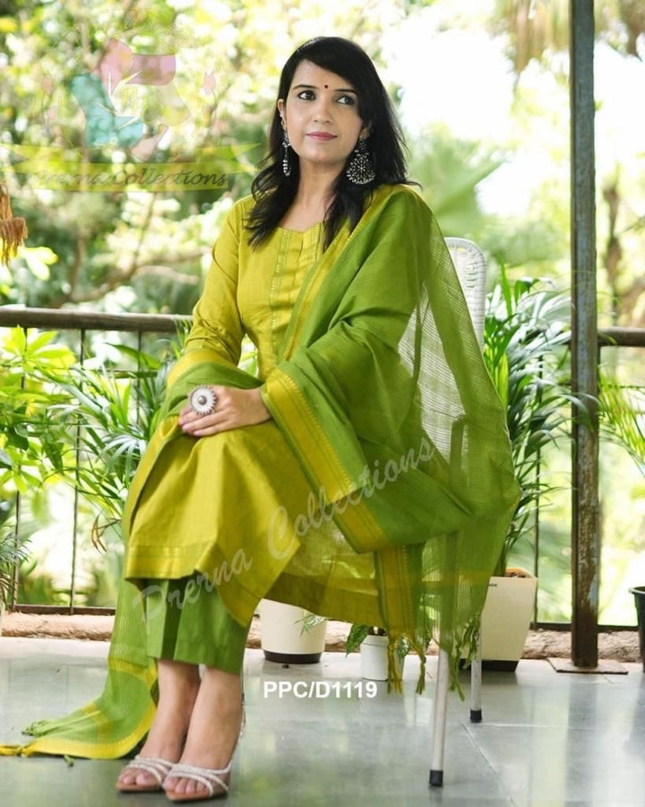 South Indian Pure Cotton Golden green Kurti Set