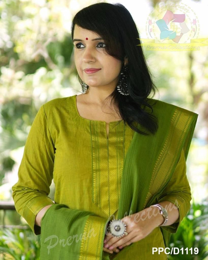 South Indian Pure Cotton Golden green Kurti Set