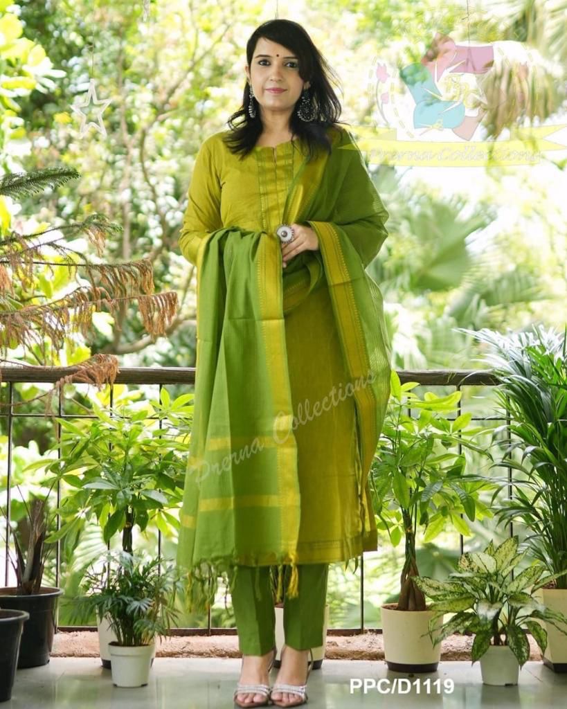 South Indian Pure Cotton Golden green Kurti Set