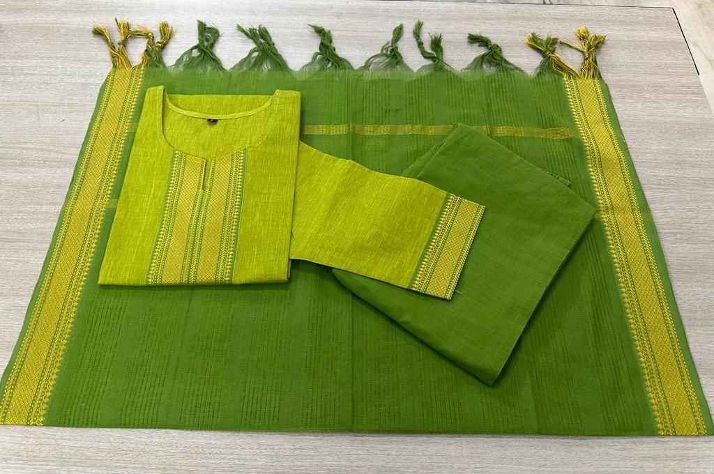 South Indian Pure Cotton Golden green Kurti Set