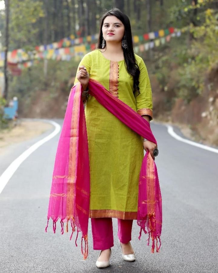 South Indian Pure Cotton Pinklemon Kurti Set