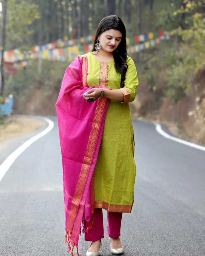 South Indian Pure Cotton Pinklemon Kurti Set