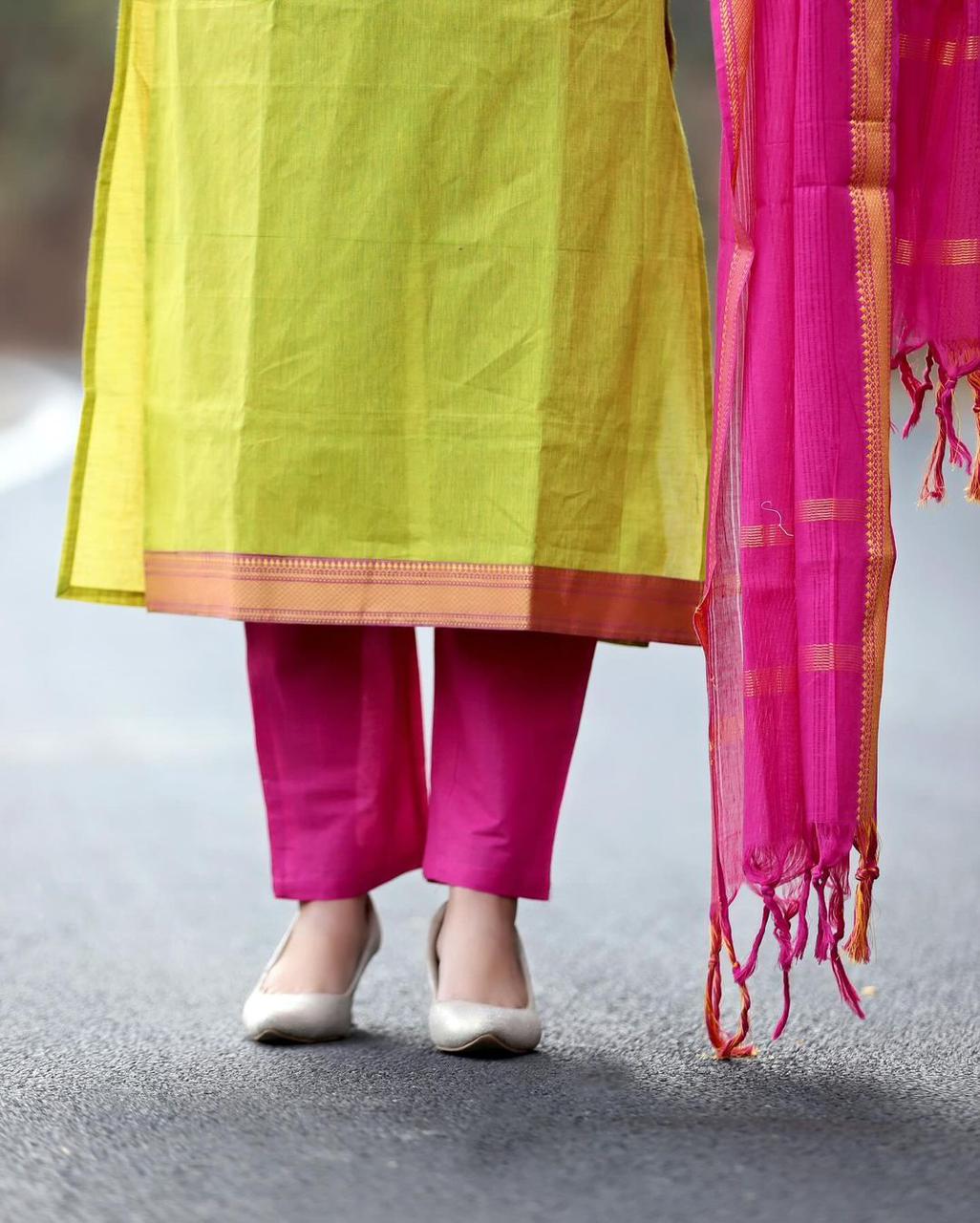 South Indian Pure Cotton Pinklemon Kurti Set