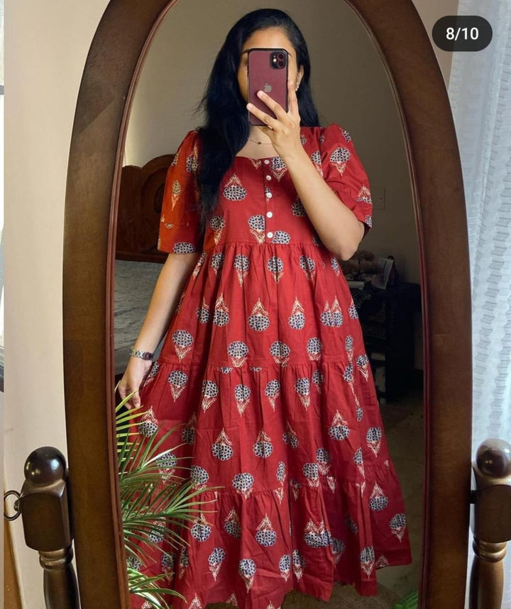 Beautiful red ikkat print Cotton Full Flair Middy Gown