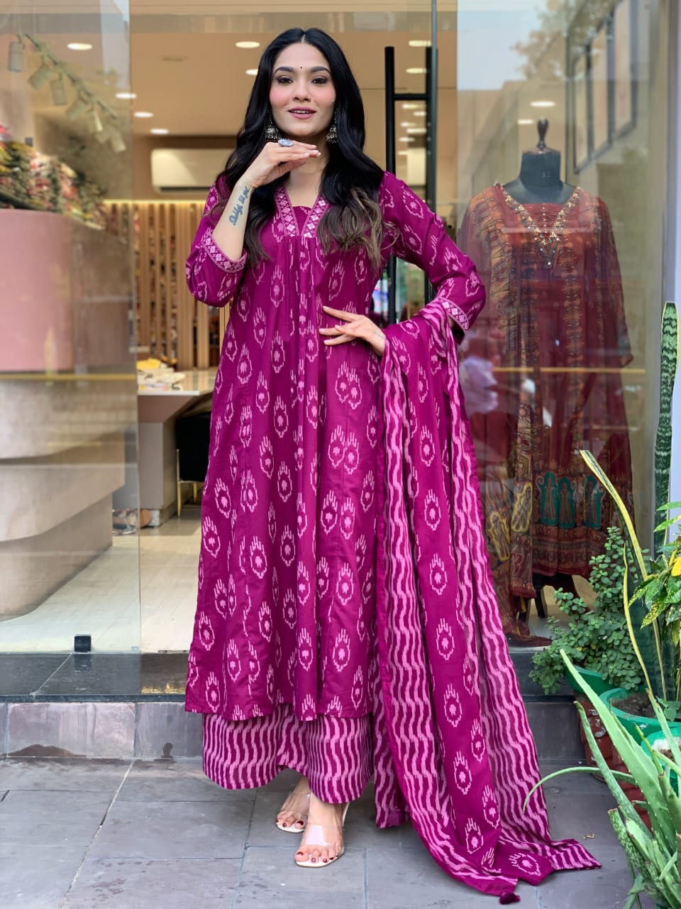 Women Cotton Ikkat Pink Kurta Pant and Dupatta set