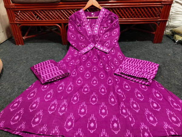 Women Cotton Ikkat Pink Kurta Pant and Dupatta set