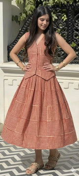 Rust Stripe Patchwork Flared Top & Skirt