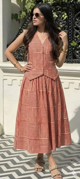 Rust Stripe Patchwork Flared Top & Skirt