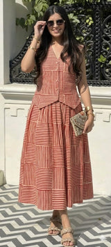 Rust Stripe Patchwork Flared Top & Skirt