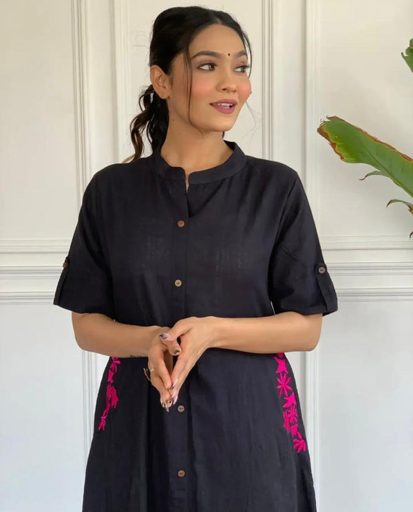 Cotton Suit black A-line cotton suit for women with pink floral embroidery and buttoned front