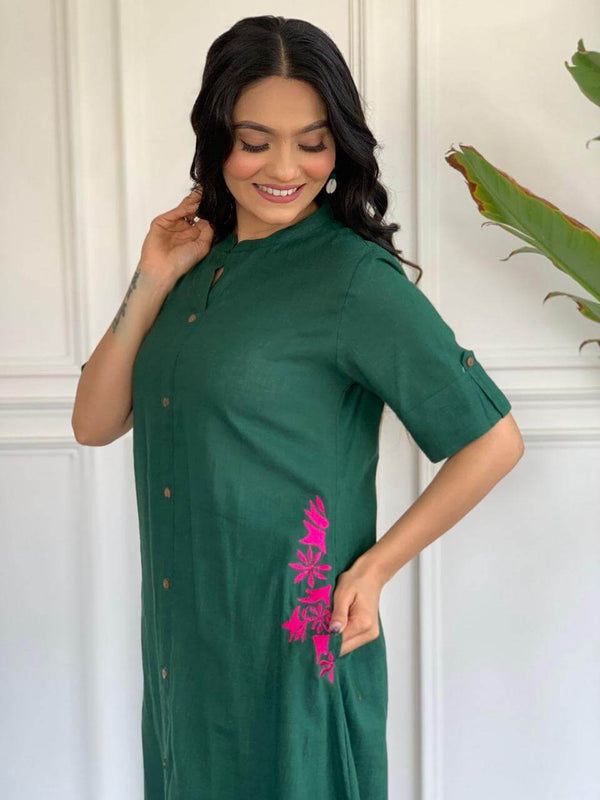 Green A-line cotton suit for women with pink floral embroidery and buttoned front from Cotton Suit