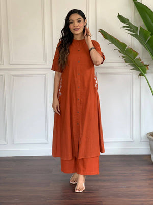 Cotton Suit orange A-line cotton suit for women with button-down front and floral embroidery