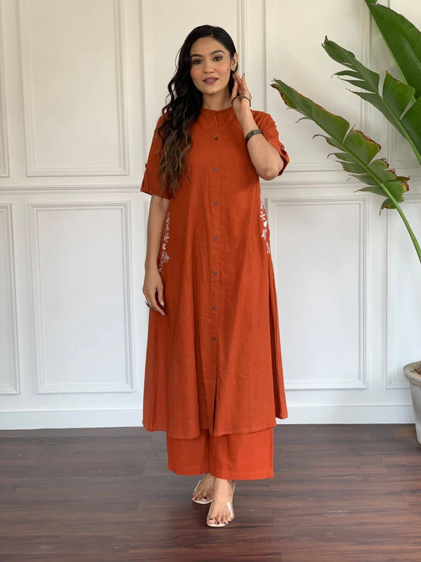 Cotton Suit orange A-line cotton suit for women with button-down front and floral embroidery