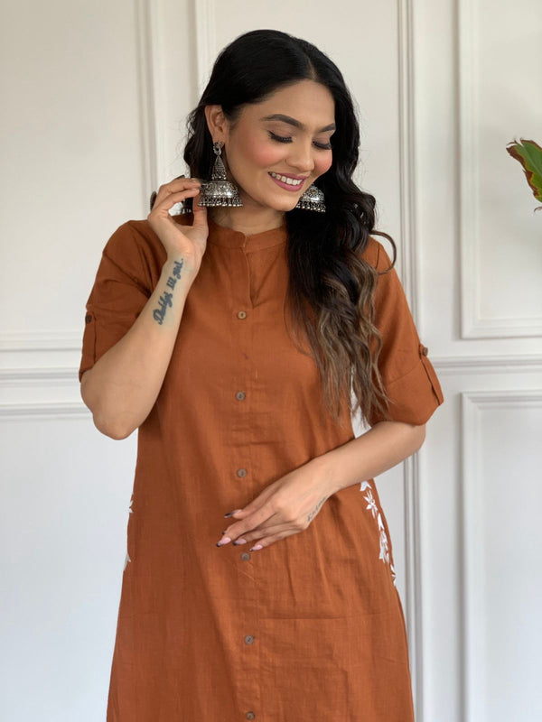 Cotton Suit A-line cotton suit for women in rust color with button detailing and 3/4 sleeves