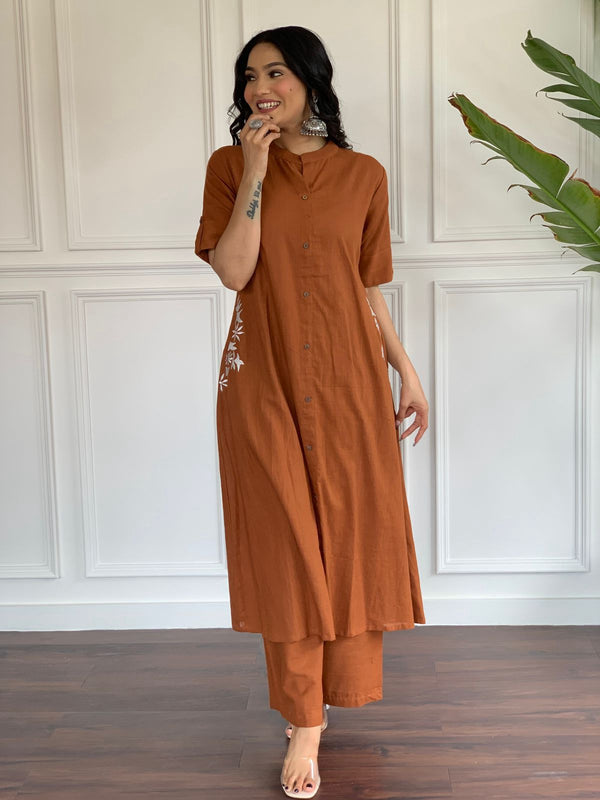 Cotton Suit A-line cotton suit for women in brown with button-down front and floral embroidery