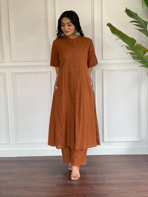 Cotton Suit A-line cotton suit for women in brown with button-down front and embroidered side details