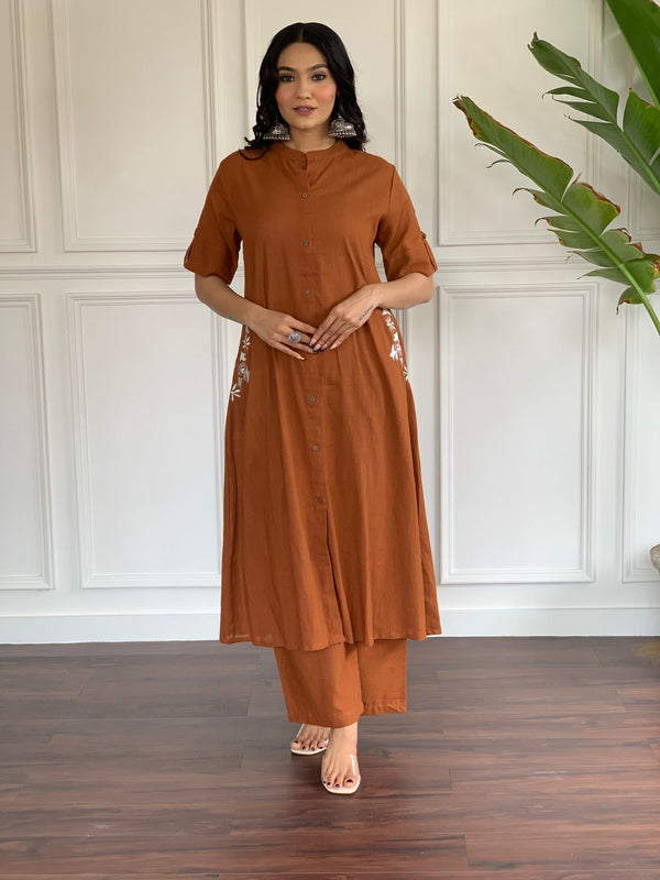 Cotton Suit rust orange A-line cotton suit for women with button-down front and white embroidery
