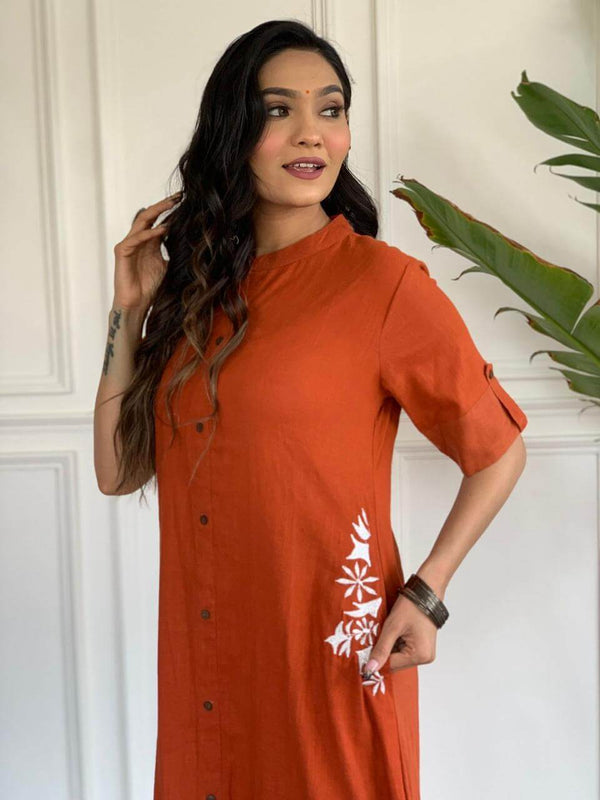 Cotton Suit orange A-line cotton suit for women with white floral embroidery and button details