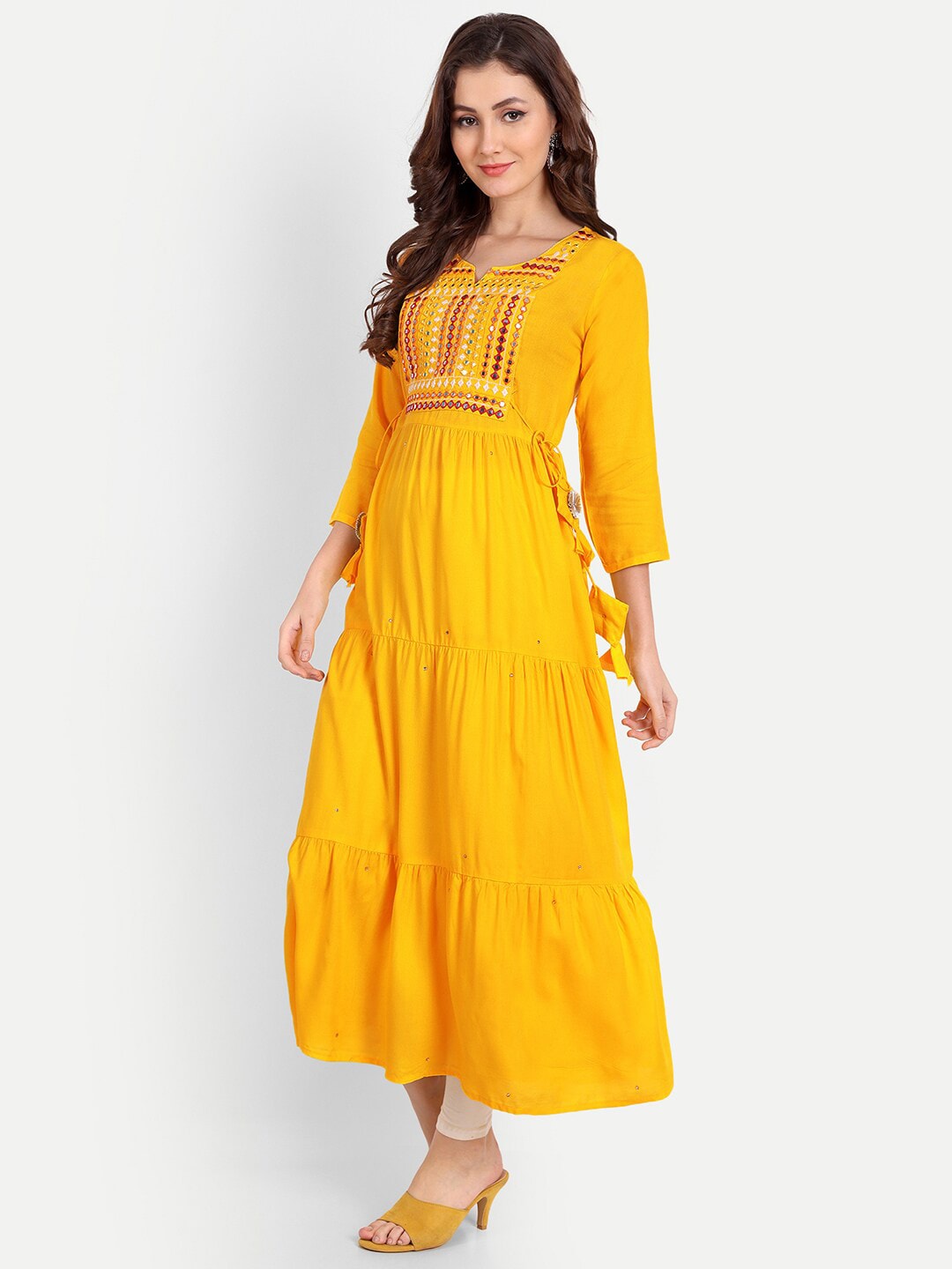 yellow Embellished Mirror Work Rayon Anarkali Kurta