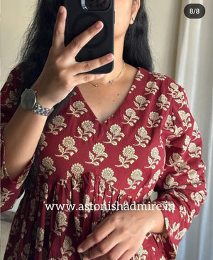 Thread Jaipur casual printed middy gown in maroon with cream floral patterns and V-neck design