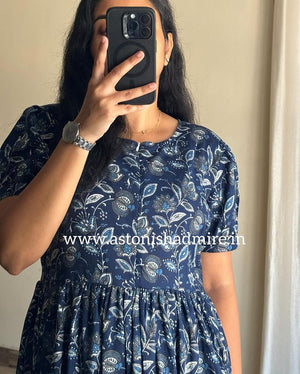 Cotton suit navy blue floral maternity friendly summer dress with short sleeves and gathered waist
