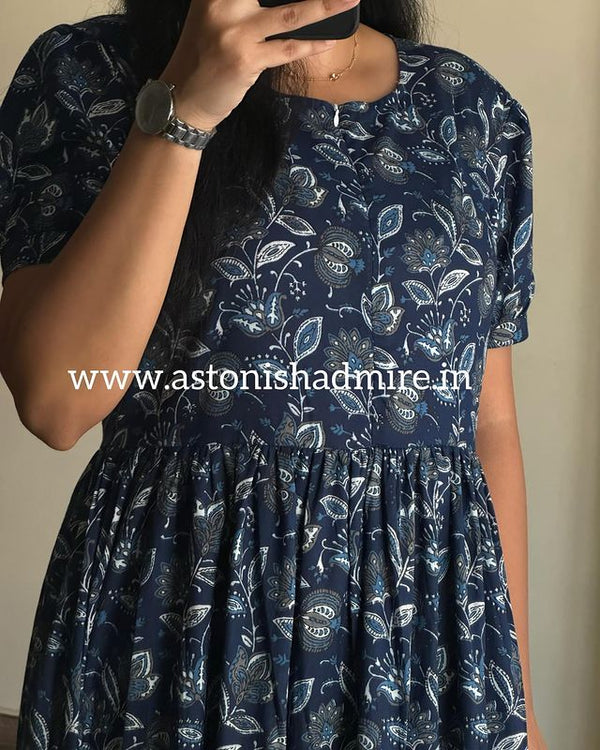 Blue floral print maternity friendly summer dress by Cotton suit with short sleeves and round neckline