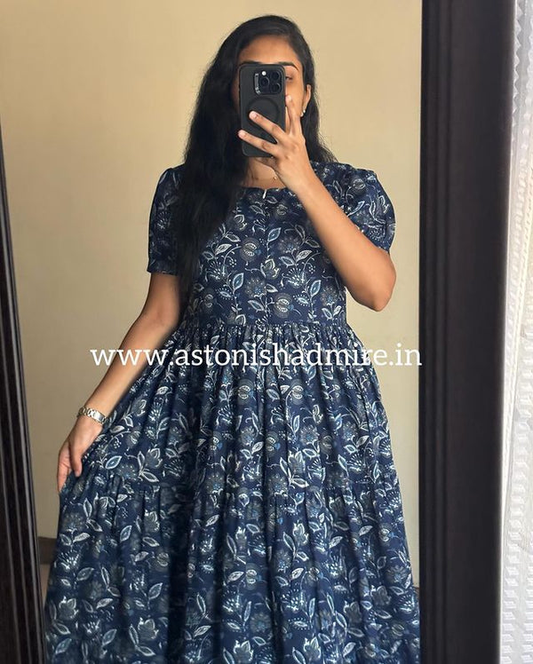 Cotton suit maternity friendly summer dress in blue floral print with puff sleeves