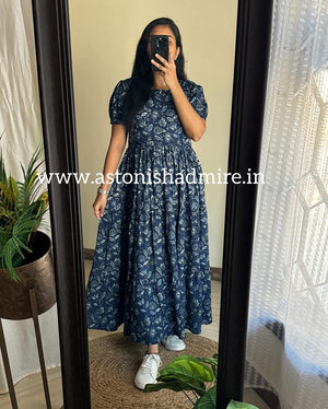 Cotton suit maternity friendly summer dress in blue floral print with puff sleeves and ankle length
