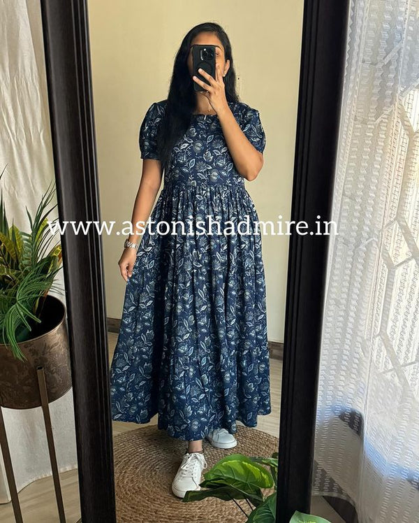 Cotton suit maternity friendly summer dress in blue floral print with puff sleeves and ankle length