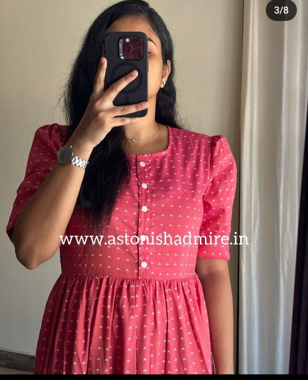 Thread Jaipur women's casual midi dress in pink with short puff sleeves and buttoned front