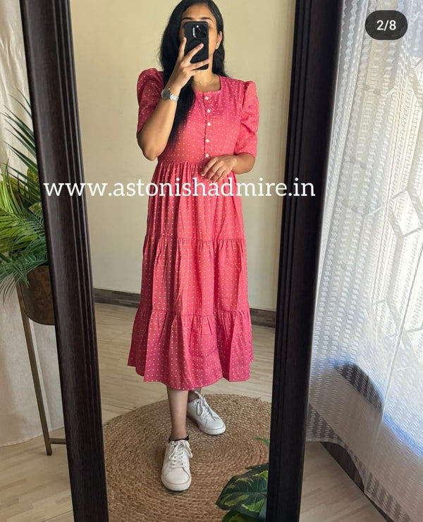 Thread Jaipur women's casual midi dress in pink with button details and tiered skirt styled with white sneakers