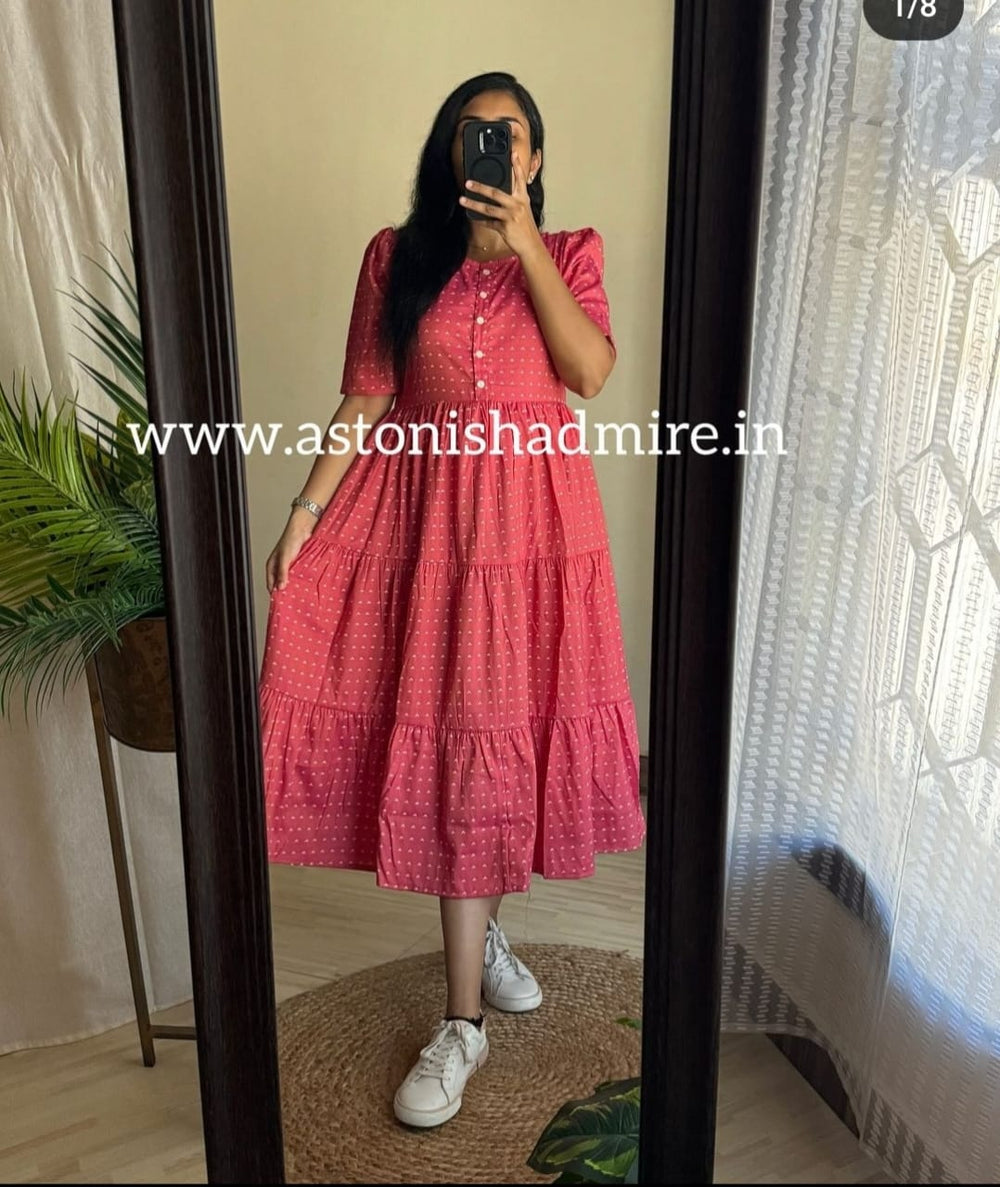THREAD JAIPUR women's casual midi dress in pink with tiered design and white sneakers