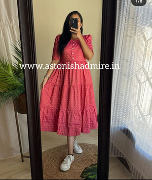 THREAD JAIPUR women's casual midi dress in pink with tiered design and white sneakers