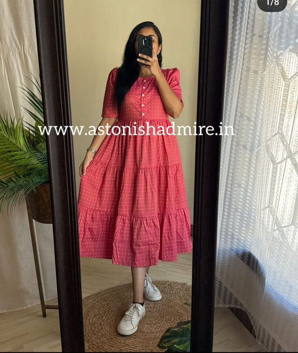 THREAD JAIPUR women's casual midi dress in pink with tiered design and white sneakers