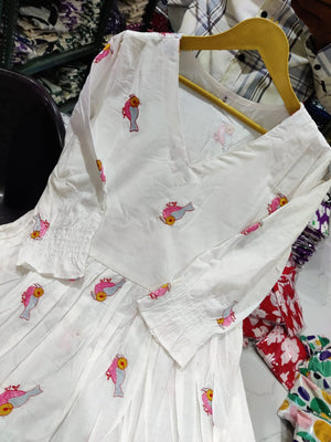  Cotton Suit white gown featuring bird embroidery dress for women with long sleeves and V-neck design