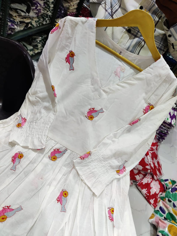  Cotton Suit white gown featuring bird embroidery dress for women with long sleeves and V-neck design