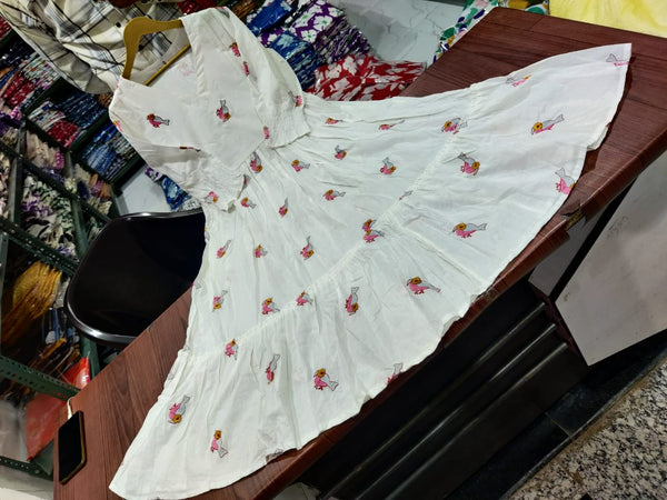  Cotton Suit white gown with colorful bird embroidery dress for women displayed on wooden table