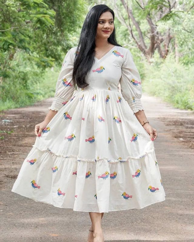  Cotton Suit white gown with colorful bird embroidery dress for women featuring long sleeves and flowy design
