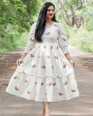  Cotton Suit white gown with colorful bird embroidery dress for women featuring long sleeves and flowy design
